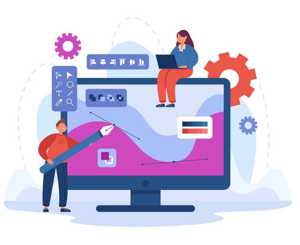 Tiny graphic designer drawing with big pen on computer screen