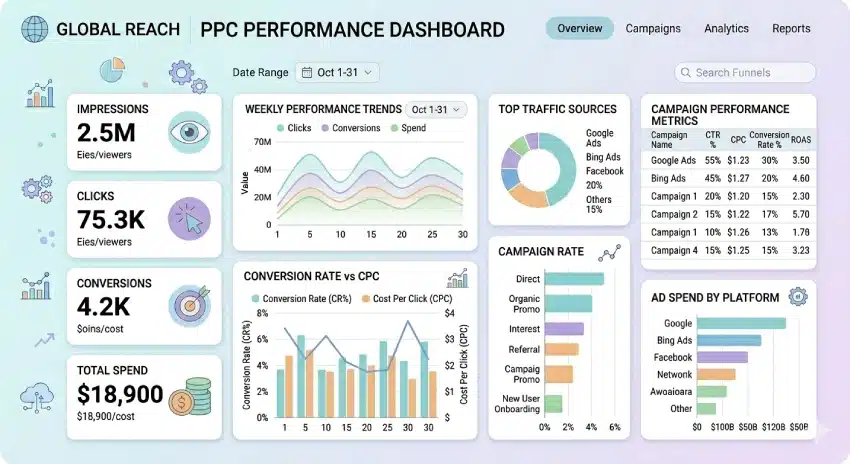 PPC performance metrics chart including CTR CPC conversion rate