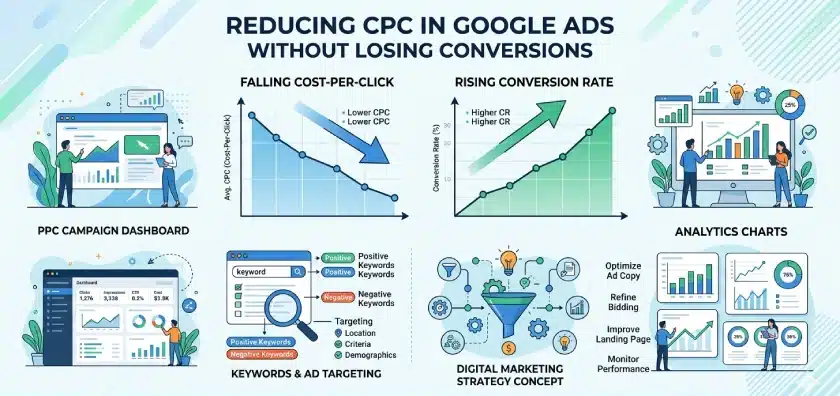 reduce CPC without losing conversions PPC strategy dashboard illustration